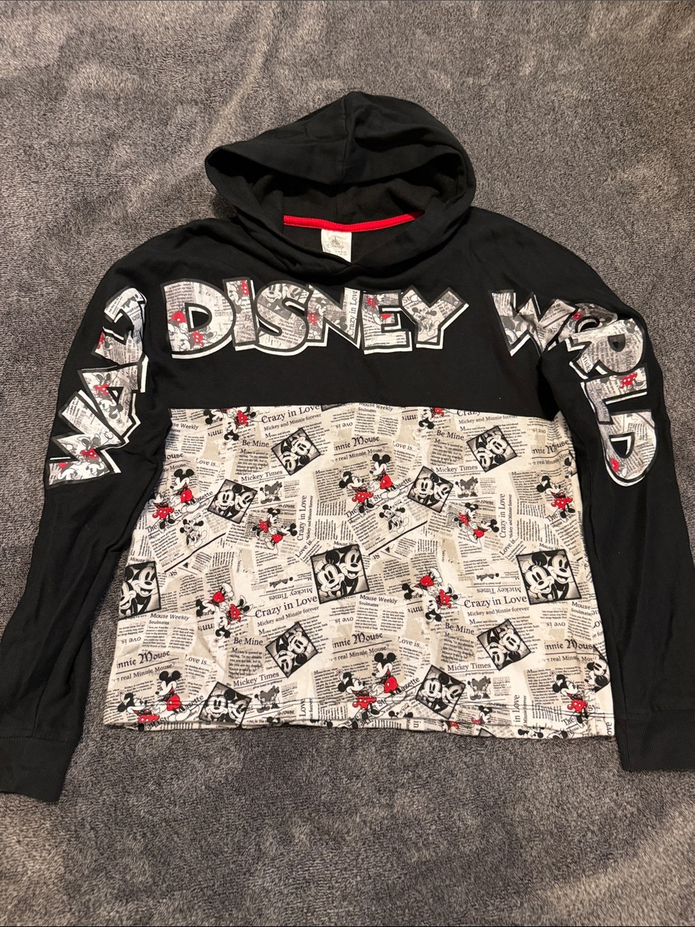 Disney Black and White Mickey Newspaper Hoodie with Red Accents